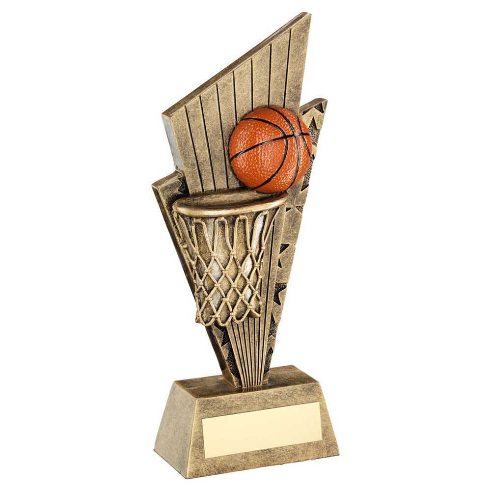 BRZ/GOLD/ORANGE BASKETBALL AND NET ON POINTED BACKDROP WITH PLATE - 7in