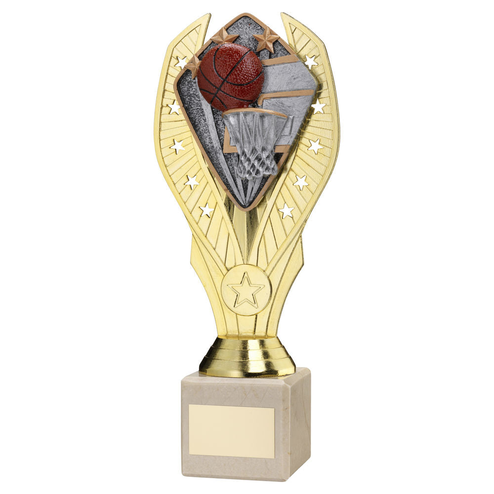 GOLD PLASTIC HOLDER + BASKETBALL DISC ON CREAM MARBLE TROPHY (1in CEN) - 11in