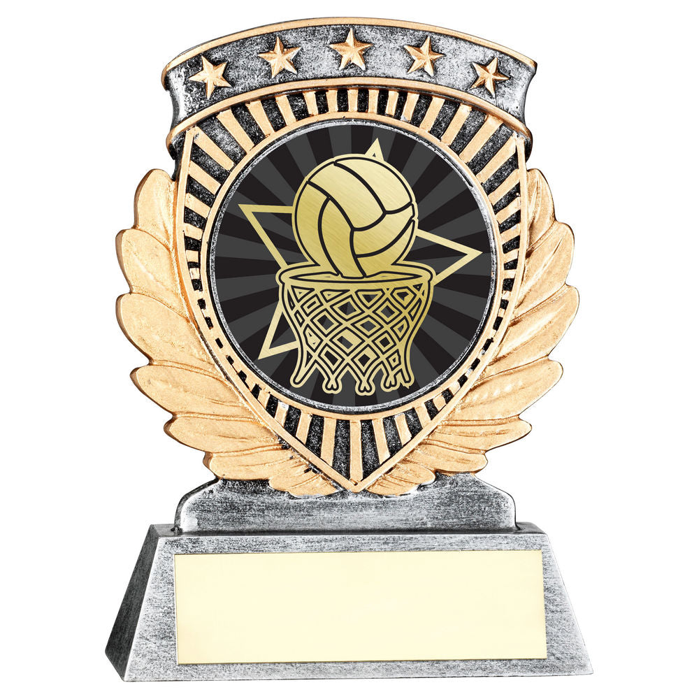 PEW/GOLD 5 STAR HOLDER WITH VINYL NETBALL INSERT & PLATE - 4.5in
