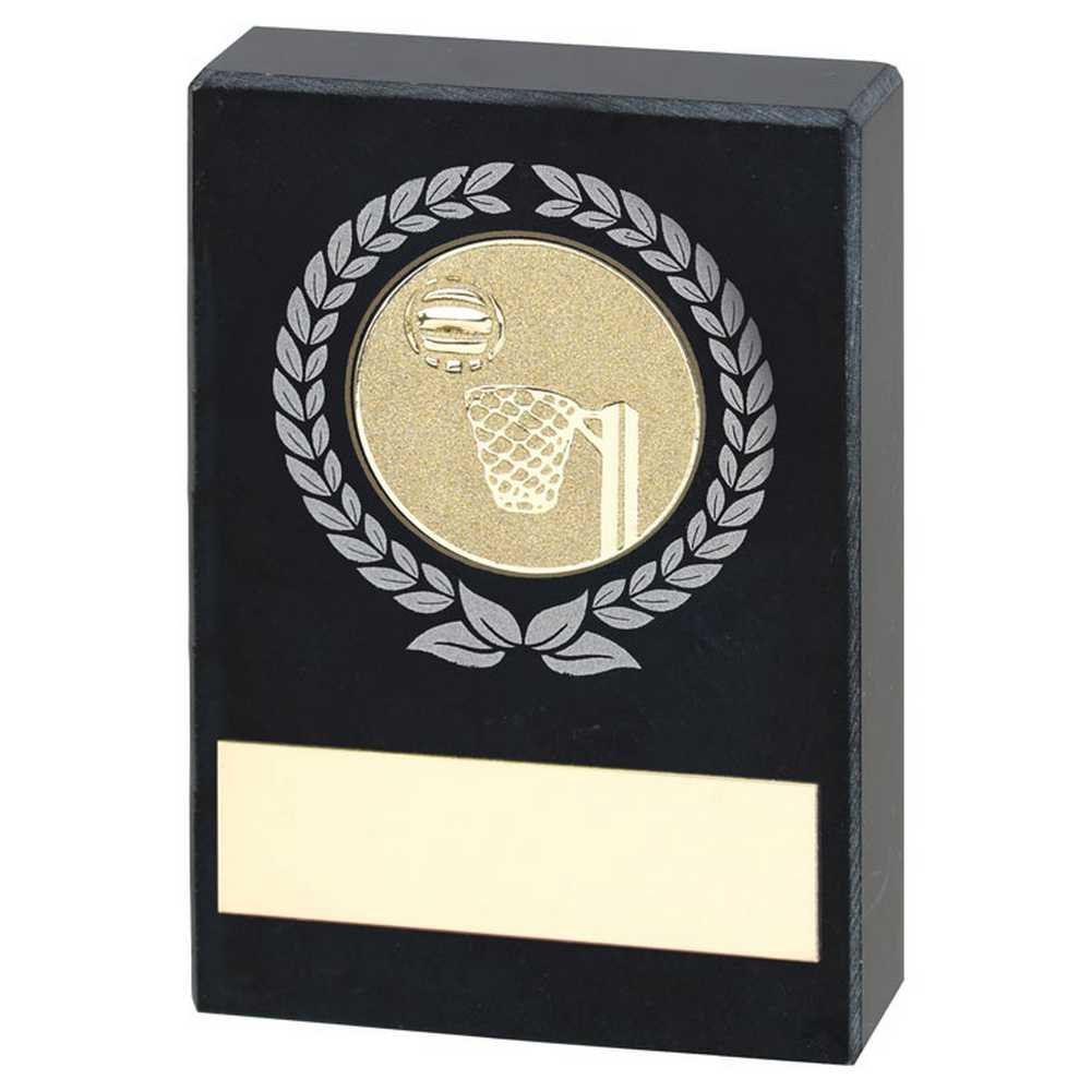 BLACK MARBLE WITH SILVER/GOLD WREATH, NETBALL INSERT AND PLATE - 3.5x2.25in