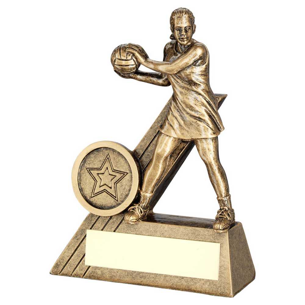 BRZ/GOLD FEMALE NETBALL MINI FIGURE WITH PLATE (1in CENTRE) - 5.5in