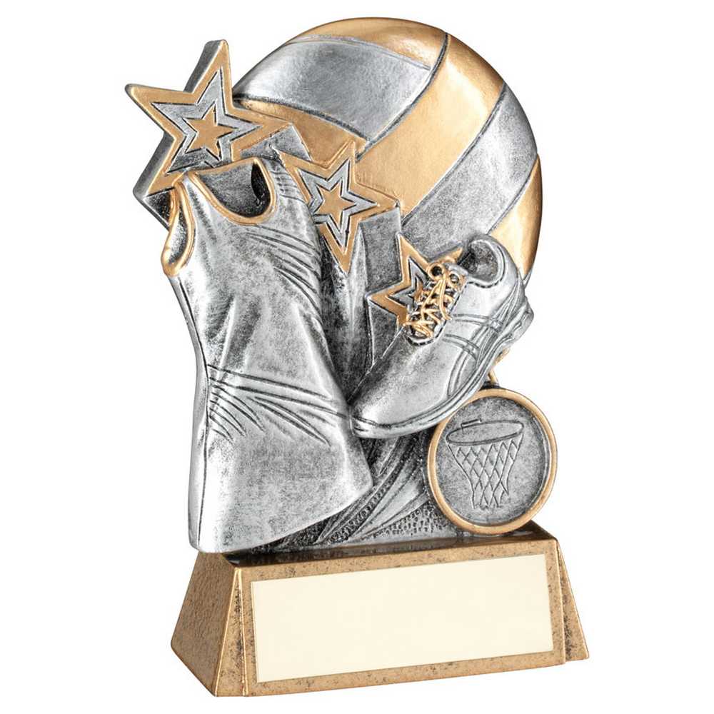 PEW/GOLD NETBALL WITH SHOE AND DRESS ON BRZ BASE WITH PLATE (1in CEN) - 5.25"