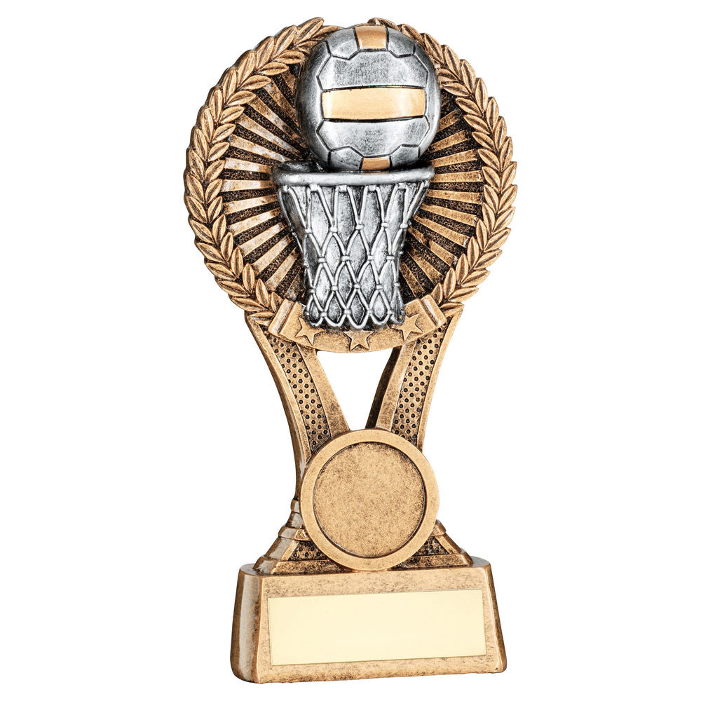 BRZ/GOLD/PEW NETBALL ROUND WREATH ON V RISER WITH PLATE (1in CEN) - 6in