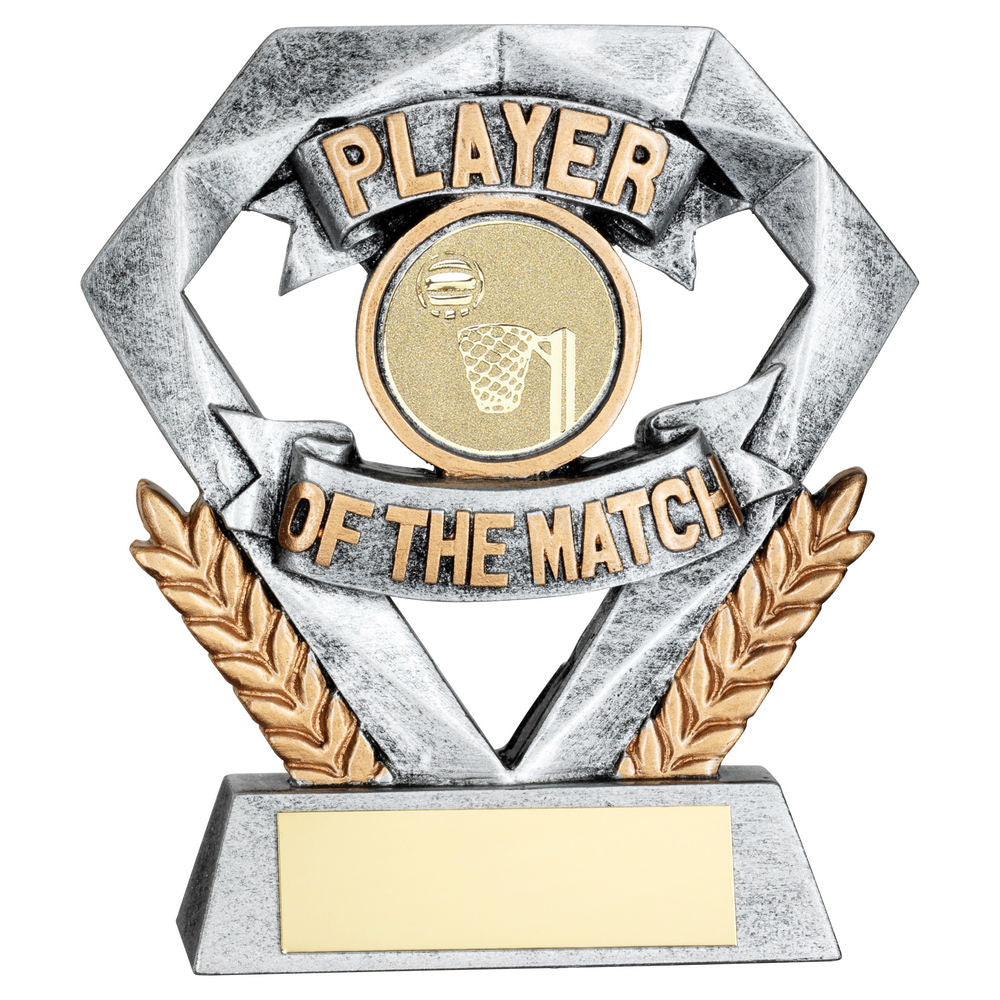 PEW/GOLD PLAYER OF THE MATCH MINI DIAMOND WITH NETBALL INSERT & PLATE - 4in