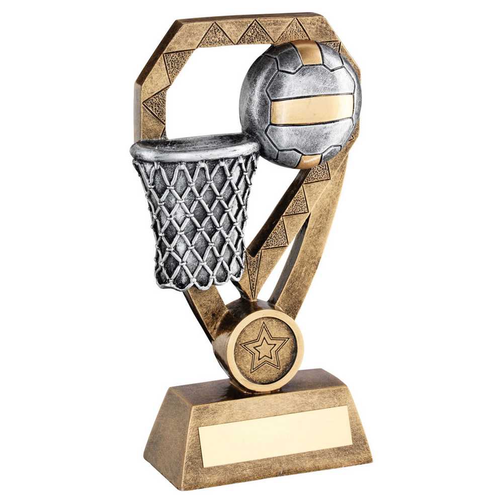 BRZ/PEW/GOLD NETBALL WITH NET ON DIAMOND WITH PLATE (1in CENTRE) - 6in