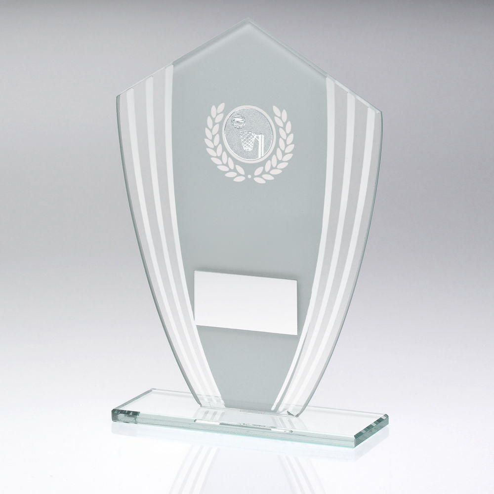 WHITE/SILVER GLASS SHIELD PLAQUE WITH NETBALL INSERT & PLATE - 8in