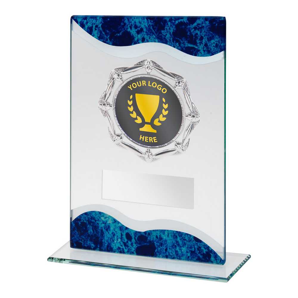 JADE/BLUE/SILV GLASS RECTANGLE WITH SILVER TRIM TROPHY (2in CENTRE) - 7.25in