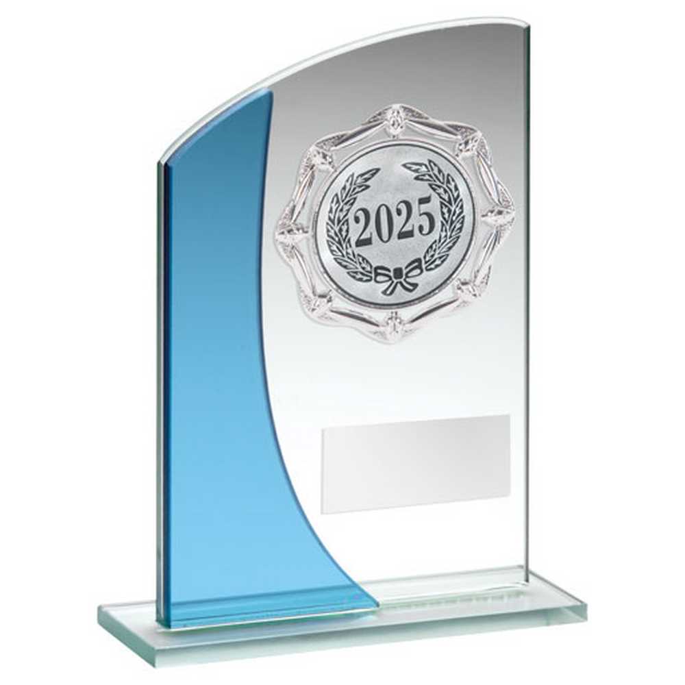 JADE/BLUE GLASS PLAQUE WITH SILVER TRIM TROPHY (2in CENTRE) - 6in