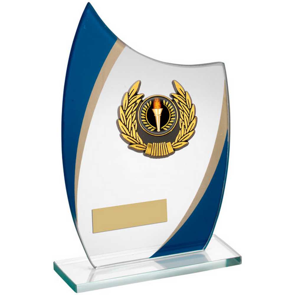 JADE/BLUE/GOLD CURVED GLASS WITH GOLD/BLK WREATH TRIM TROPHY (1in CEN) - 6in