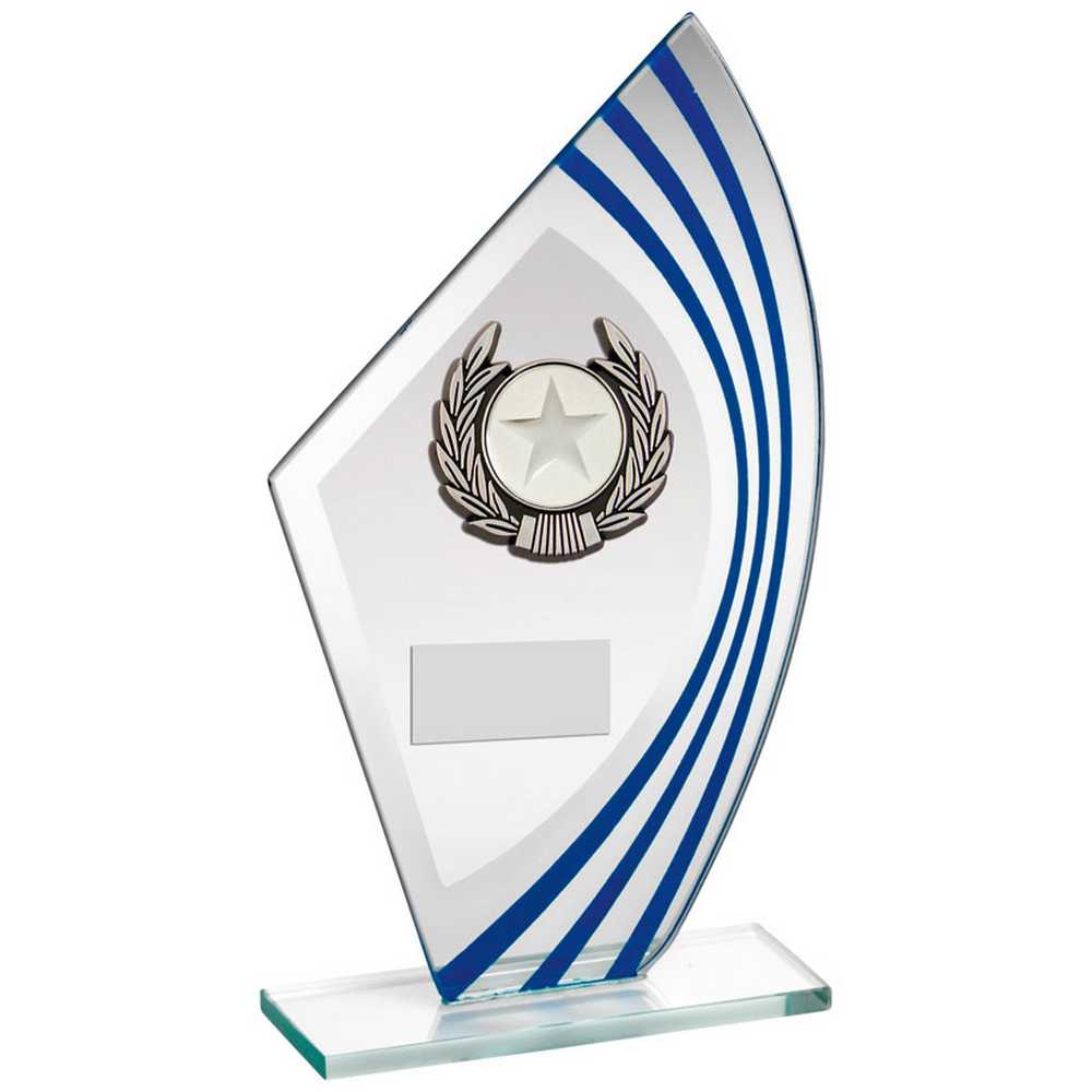JADE/BLUE/SILVER SAIL GLASS WITH SILV/BLK WREATH TRIM TROPHY (1in CEN) - 8.75in