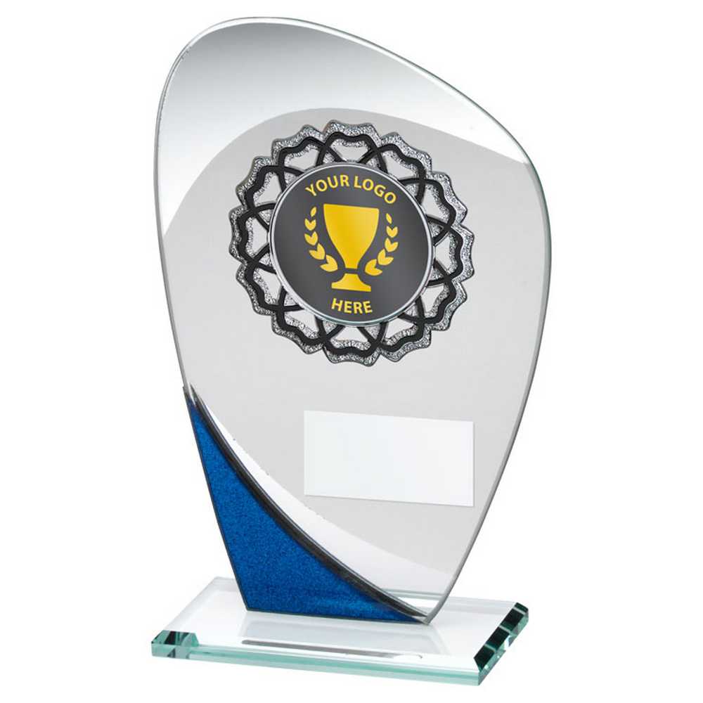 JADE/BLUE/SILV GLASS WITH SILV/BLK TRIM TROPHY (1in CENTRE) - 7.25in