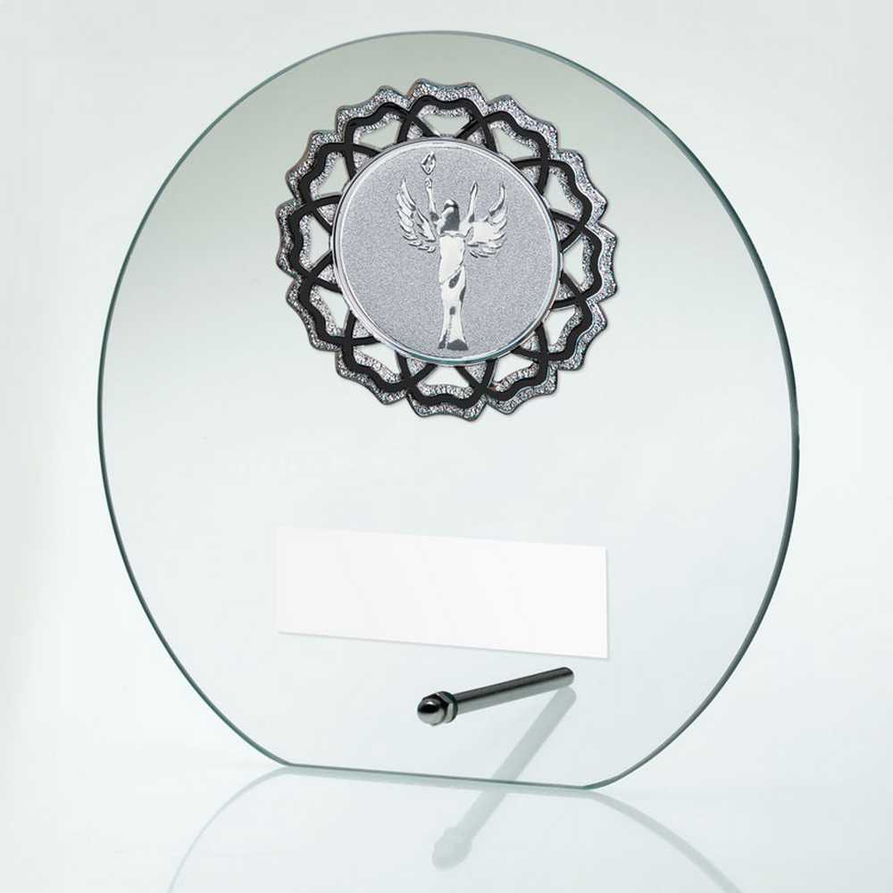 JADE GLASS ROUND PLAQUE WITH SILV/BLK TRIM TROPHY (2in CENTRE) - 6.5in