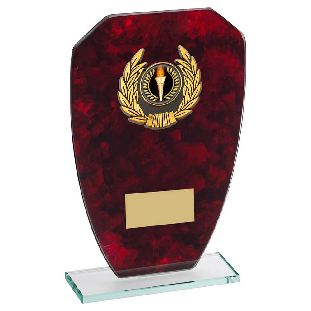 JADE GLASS WITH RED MARBLE BACKING AND GOLD TRIM TROPHY (1in CENTRE) - 7.25in