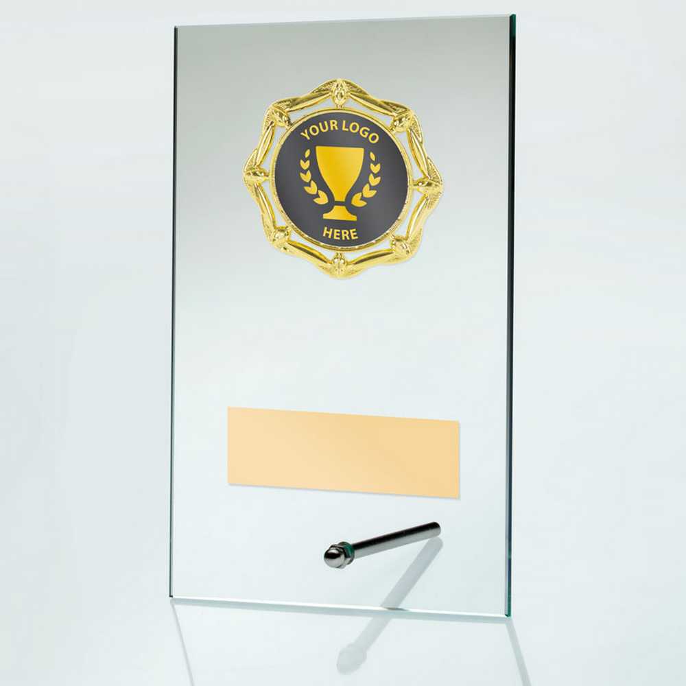 JADE GLASS RECTANGLE PLAQUE WITH GOLD TRIM TROPHY (2in CENTRE) - 7in