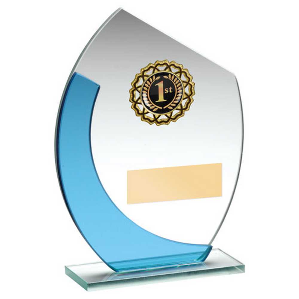 JADE/BLUE GLASS WITH GOLD TRIM TROPHY (1in CENTRE) - 7in