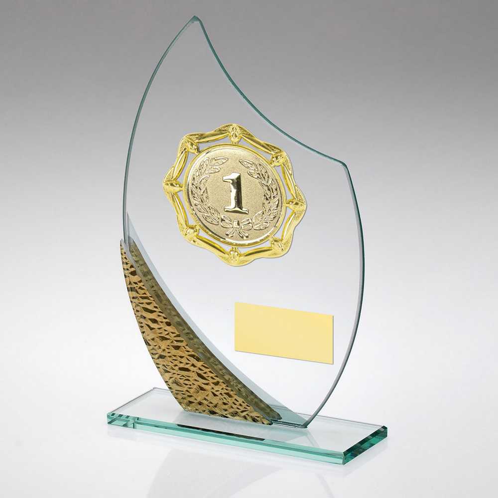 JADE/SILV/GOLD GLASS PLAQUE WITH GOLD TRIM TROPHY - (1in CENTRE) - 7.25in