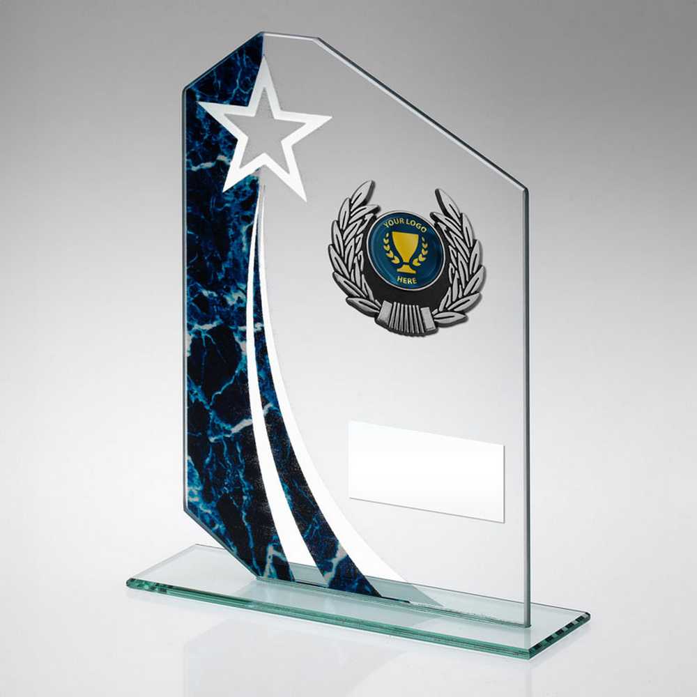 JADE/BLUE/SILV GLASS PLAQUE WITH SILV/BLK TRIM TROPHY (1in CENTRE) - 6.5in