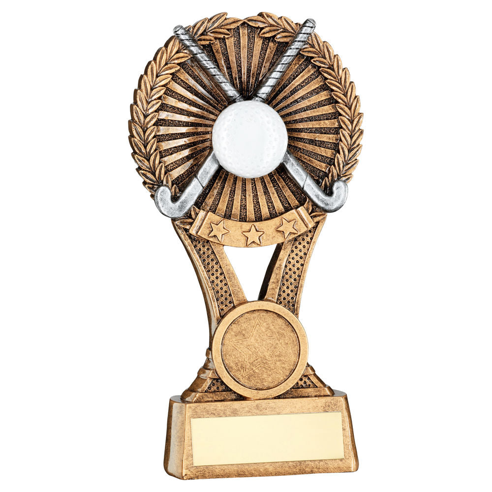 BRZ/GOLD/PEW HOCKEY ROUND WREATH ON V RISER WITH PLATE (1in CEN) - 6in