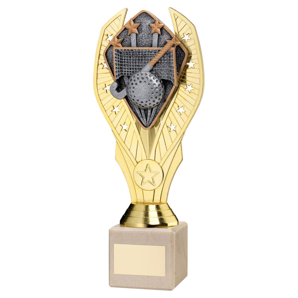 GOLD PLASTIC HOLDER + HOCKEY DISC ON CREAM MARBLE TROPHY (1in CEN) - 11in