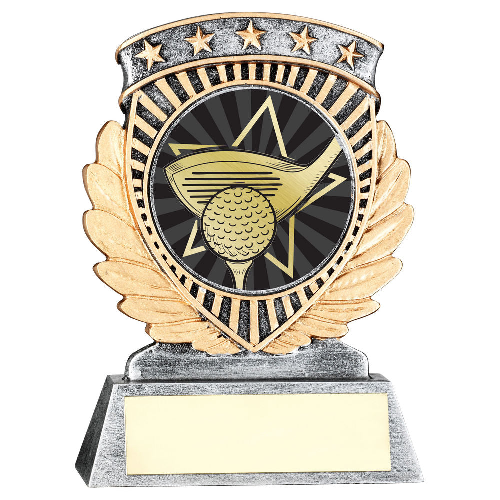 PEW/GOLD 5 STAR HOLDER WITH VINYL GOLF INSERT & PLATE - 3.75in