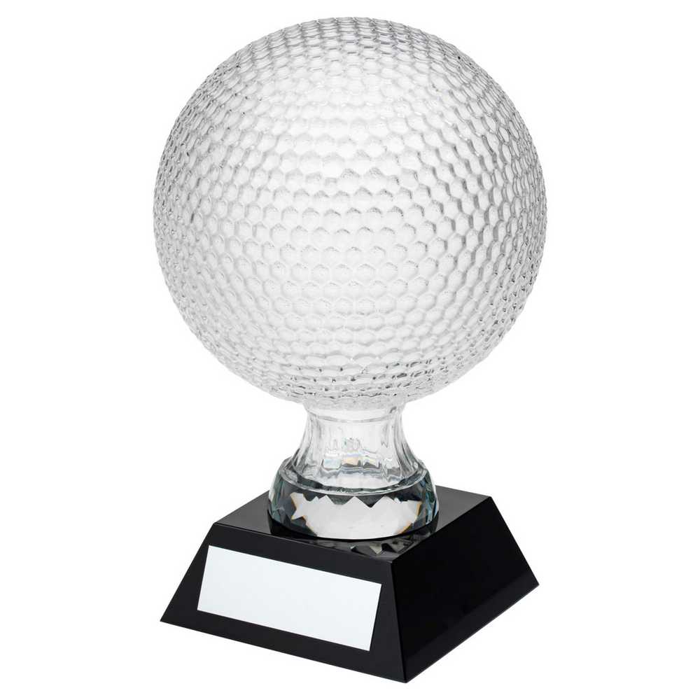 CLEAR GLASS GOLF BALL ON BLACK BASE WITH PLATE - (5.5" DIA) 9.25in