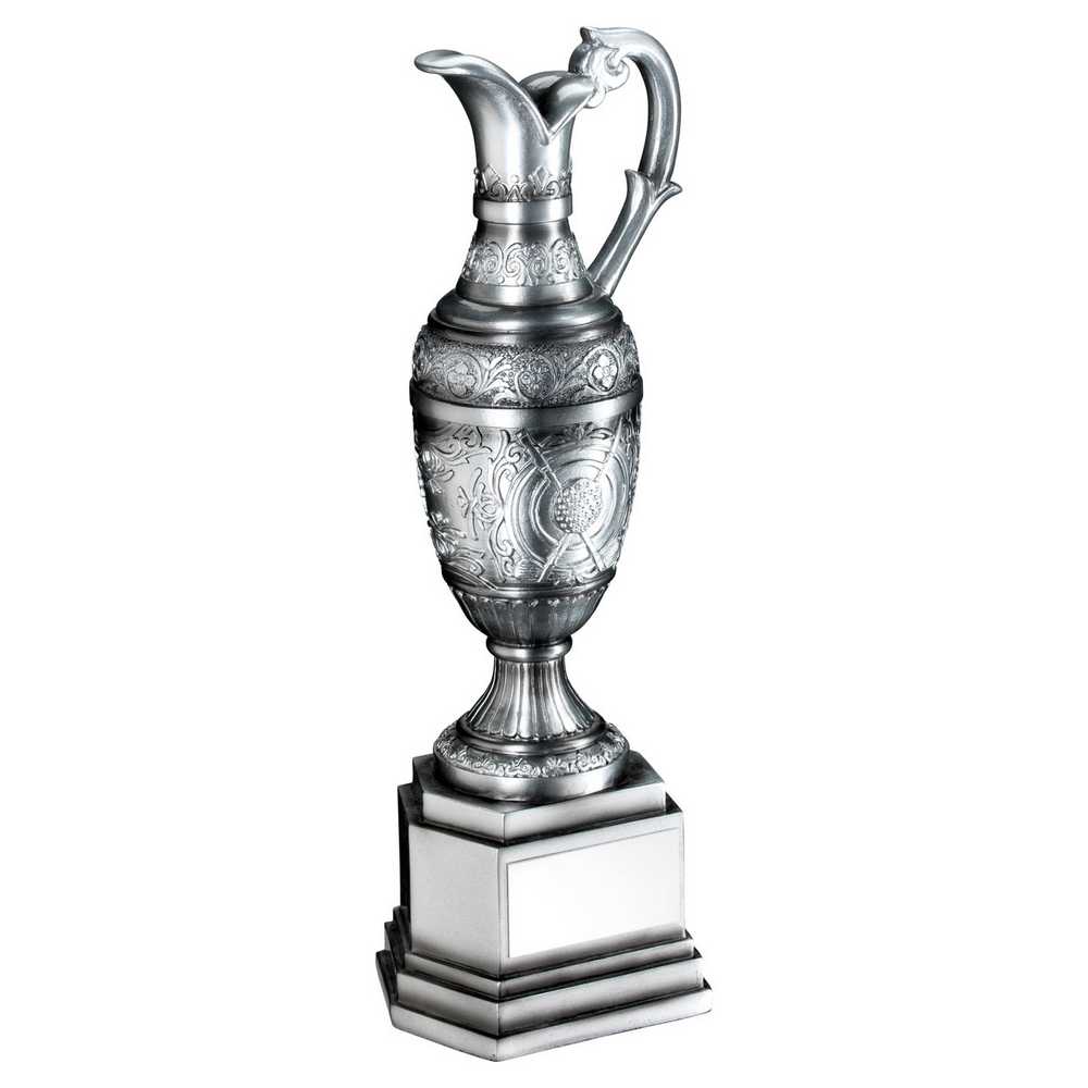 PAINTED SILVER GOLF 'CLARET JUG' WITH PLATE - 8in