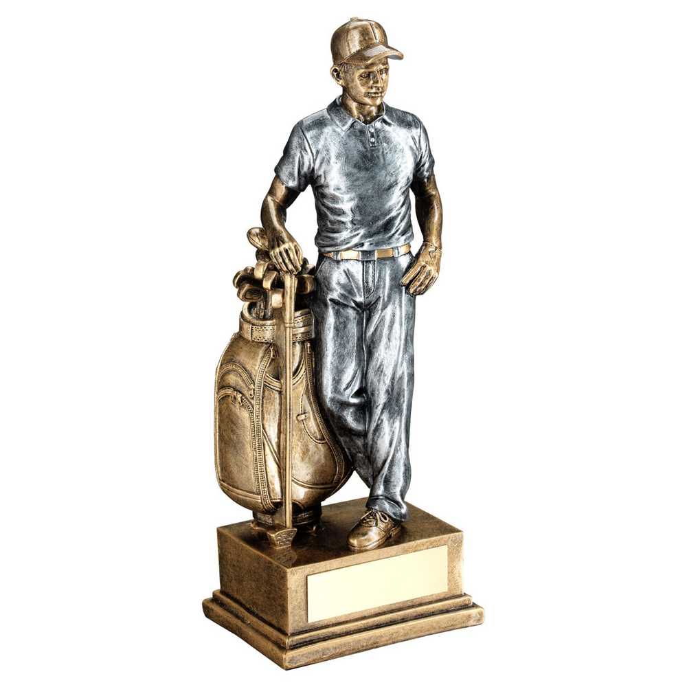BRZ/PEW MALE GOLFER AND BAG WITH PLATE - 8in