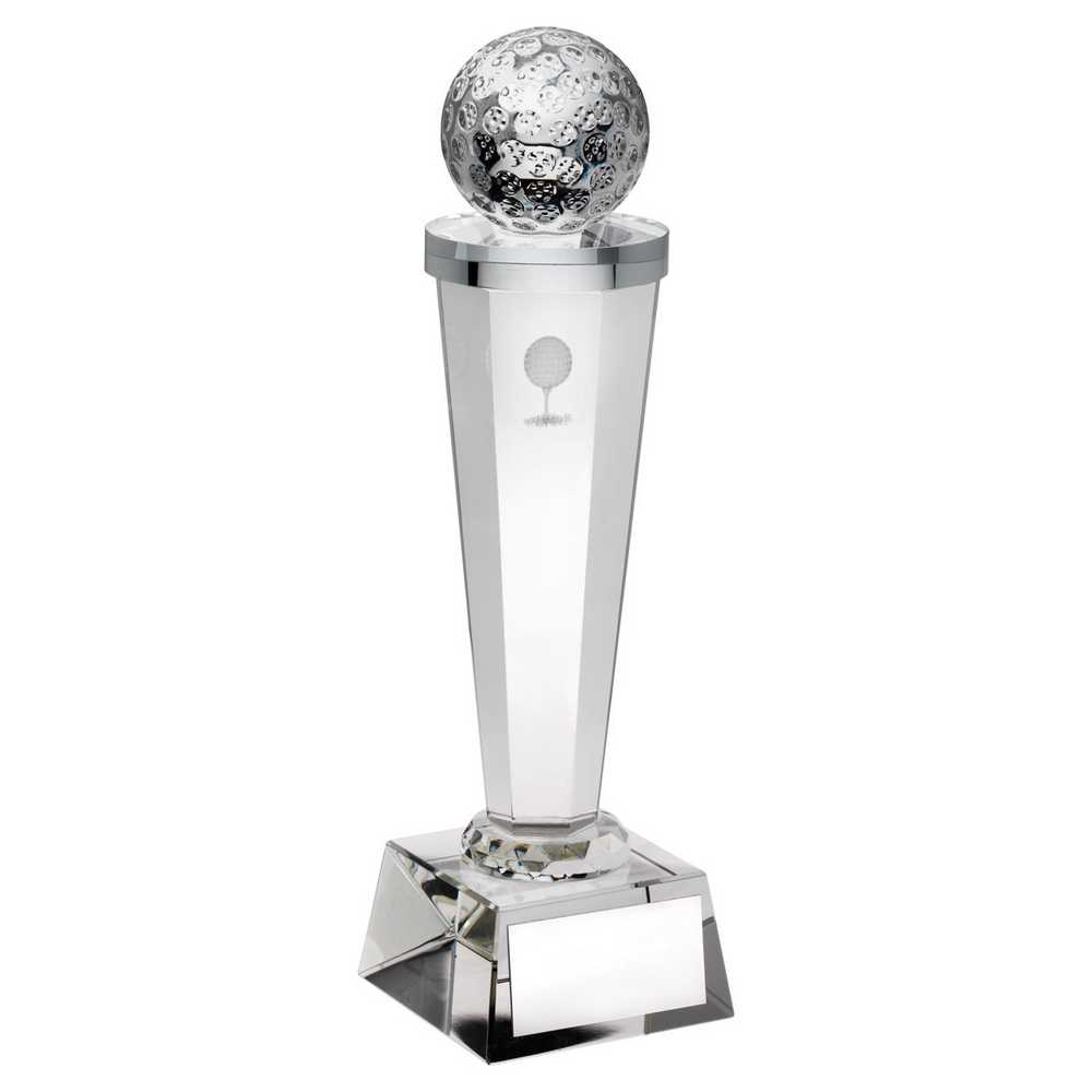 CLEAR GLASS COLUMN WITH LASERED GOLF IMAGE WITH PLATE - 7.25in