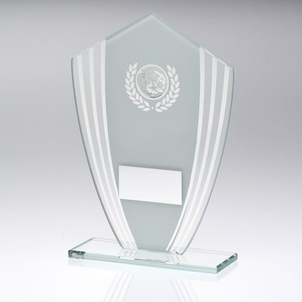 WHITE/SILVER GLASS SHIELD PLAQUE WITH GOLF INSERT & PLATE - 8in