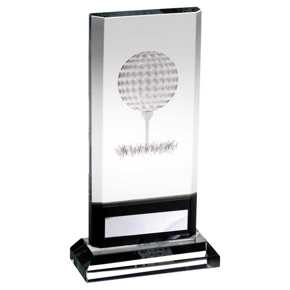 CLEAR/BLACK GLASS PLAQUE WITH LASERED GOLF IMAGE AND PLATE (15mm THICK) - 7.5in