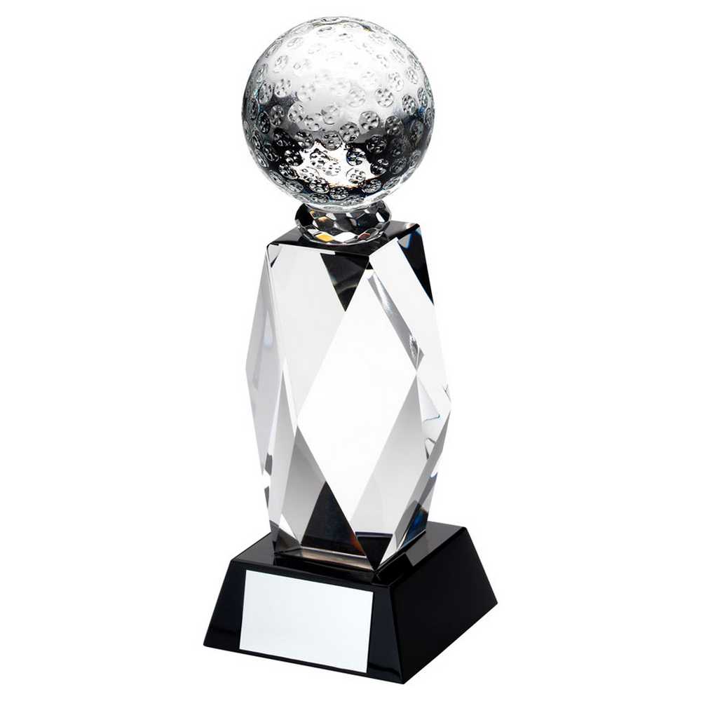 CLEAR GLASS COLUMN AND GOLF BALL BLACK BASE WITH PLATE - 7.75in