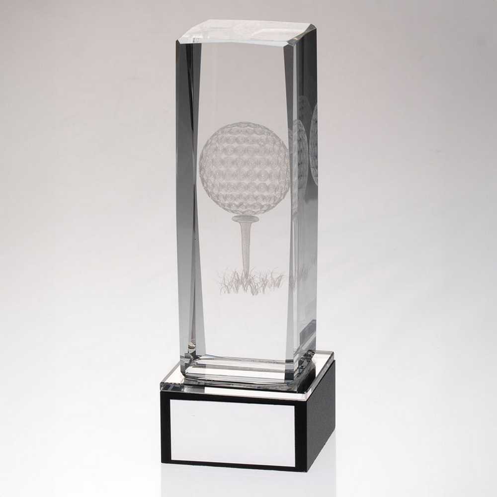 CLEAR GLASS LASERED GOLF COLUMN ON BLACK BASE WITH PLATE - 6.75in