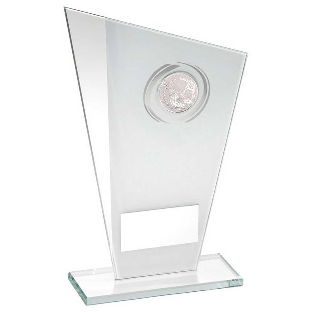 WHITE/SILVER PRINTED GLASS PLAQUE WITH GOLF INSERT WITH PLATE - 7.25in
