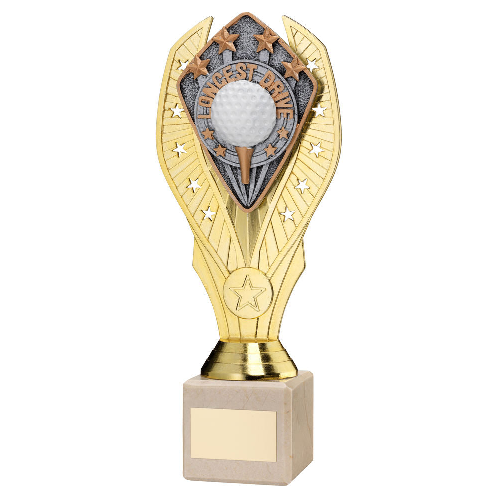 GOLD PLASTIC HOLDER+LONGEST DRIVE DISC ON CREAM MARBLE TROPHY (1in CEN) - 11in