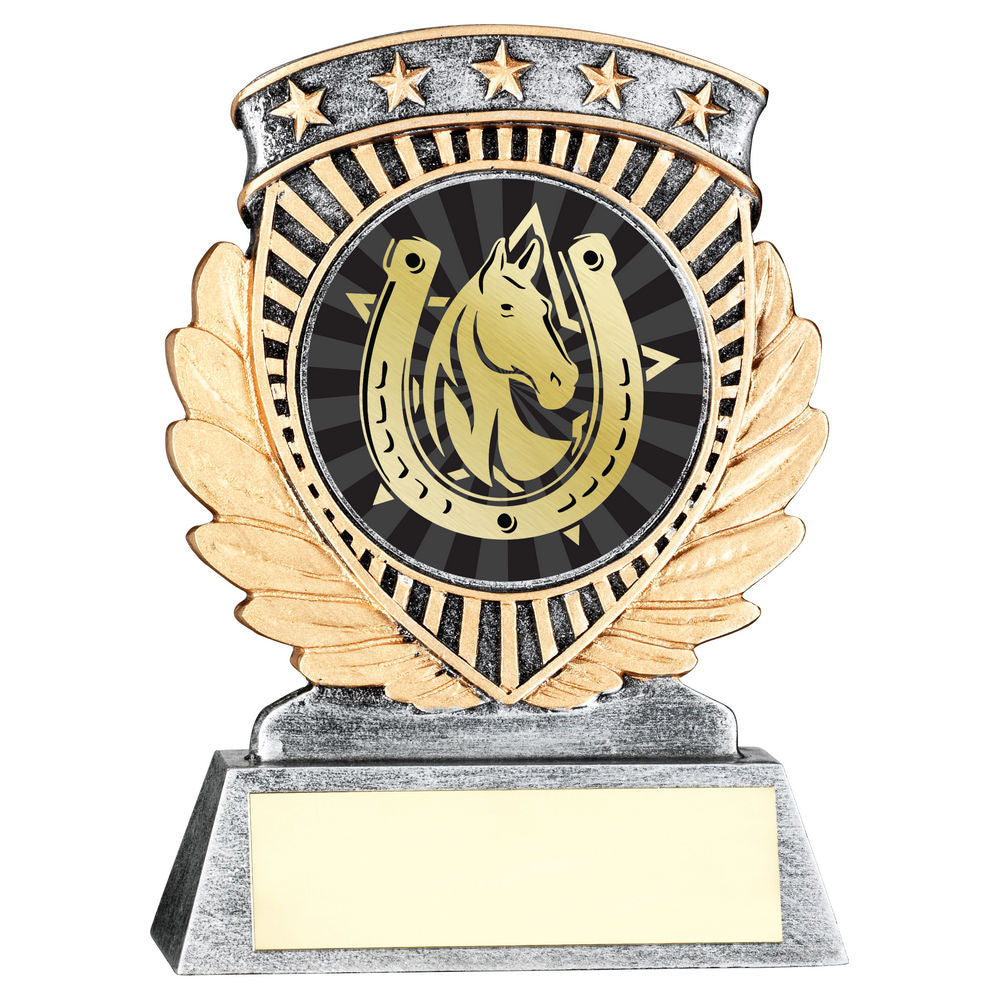 PEW/GOLD 5 STAR HOLDER WITH VINYL HORSE INSERT & PLATE - 4.5in