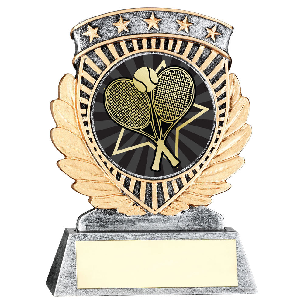 PEW/GOLD 5 STAR HOLDER WITH VINYL TENNIS INSERT & PLATE - 4.5in