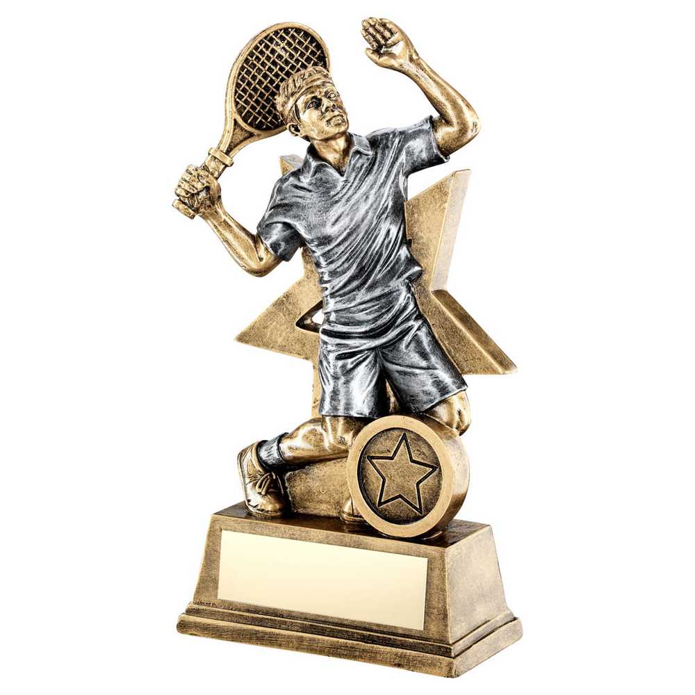 BRZ/GOLD/PEW MALE TENNIS FIGURE WITH STAR BACKING WITH PLATE (1in CENTRE) - 7in