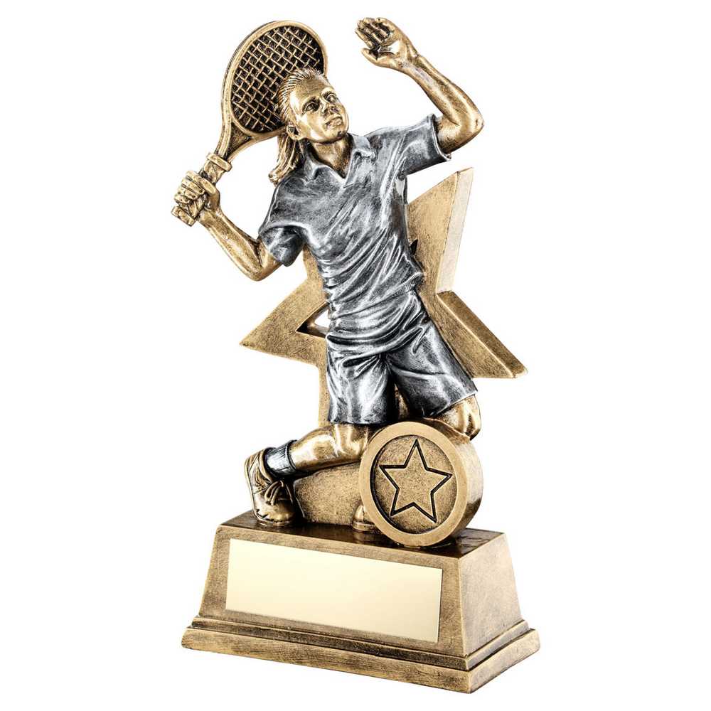 BRZ/GOLD/PEW FEMALE TENNIS FIGURE WITH STAR BACKING WITH PLATE (1in CENTRE) - 7"