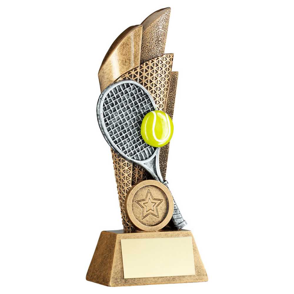BRZ/PEW/YELLOW TENNIS BALL AND RACKET ON BACKDROP WITH PLATE (1in CEN) - 7.25in