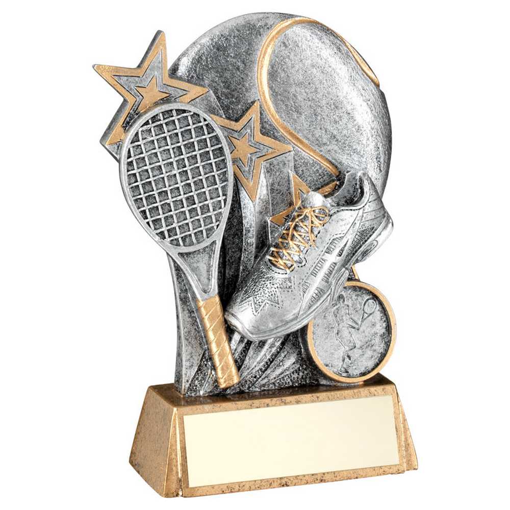 PEW/GOLD TENNIS BALL WITH RACKET ON BRZ BASE WITH PLATE (1in CEN) - 5.25in