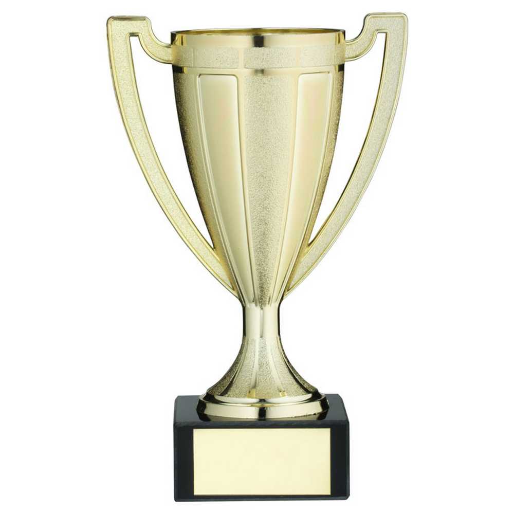 GOLD PLASTIC STIPPLED TROPHY CUP WITH PLATE - 5.5in