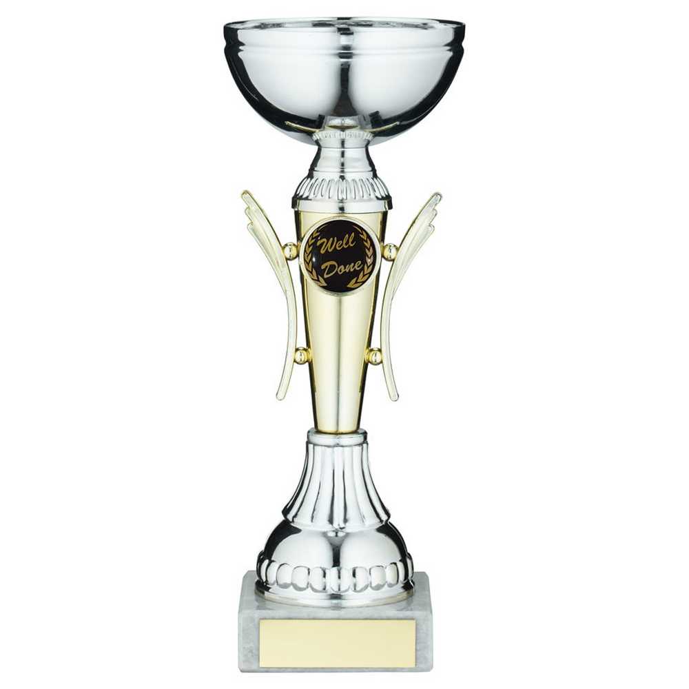SILVER/GOLD WINGED TROPHY CUP WITH PLATE (1in CENTRE) - 7.5in