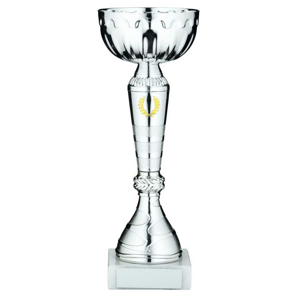 SILVER TROPHY CUP WITH GOLD WREATH AND PLATE - 7.5in