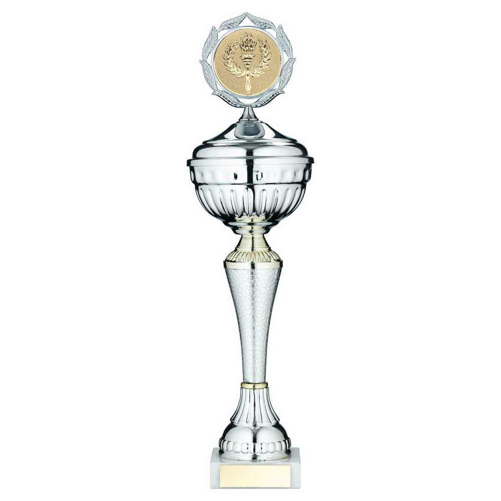 SILVER/GOLD SNAKESKIN TROPHY CUP WITH LID WITH PLATE (2in CENTRE) - 11.75in