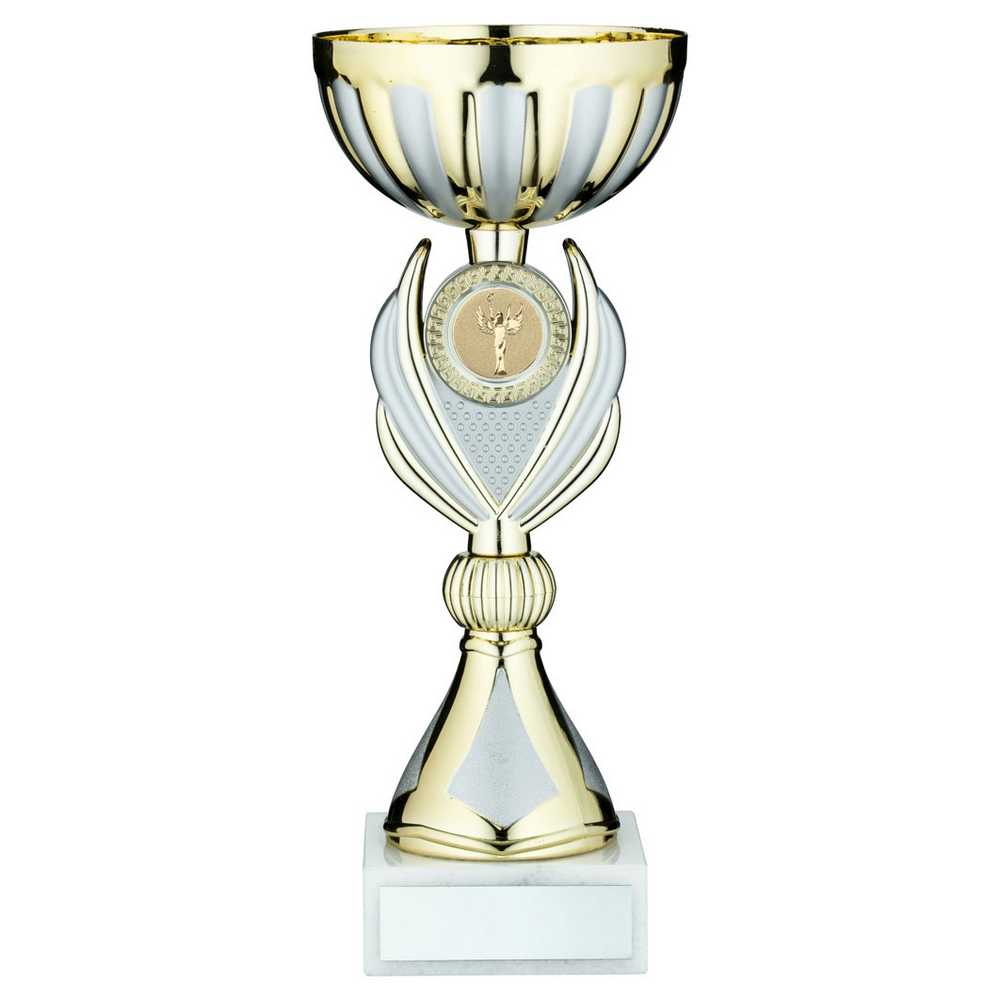 GOLD/MATT SILVER TROPHY CUP WITH PLATE (2in CENTRE) - 12.5in