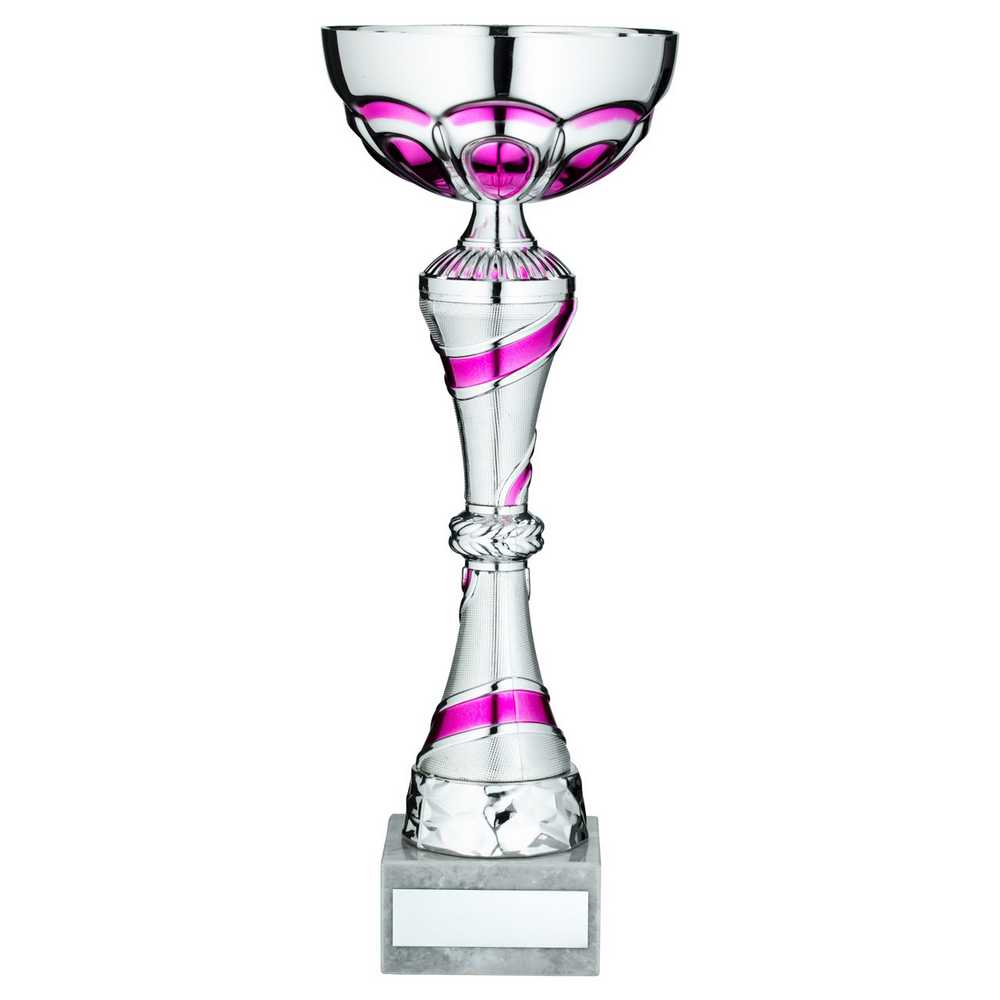 SILVER/PINK TROPHY CUP WITH PLATE - 11in
