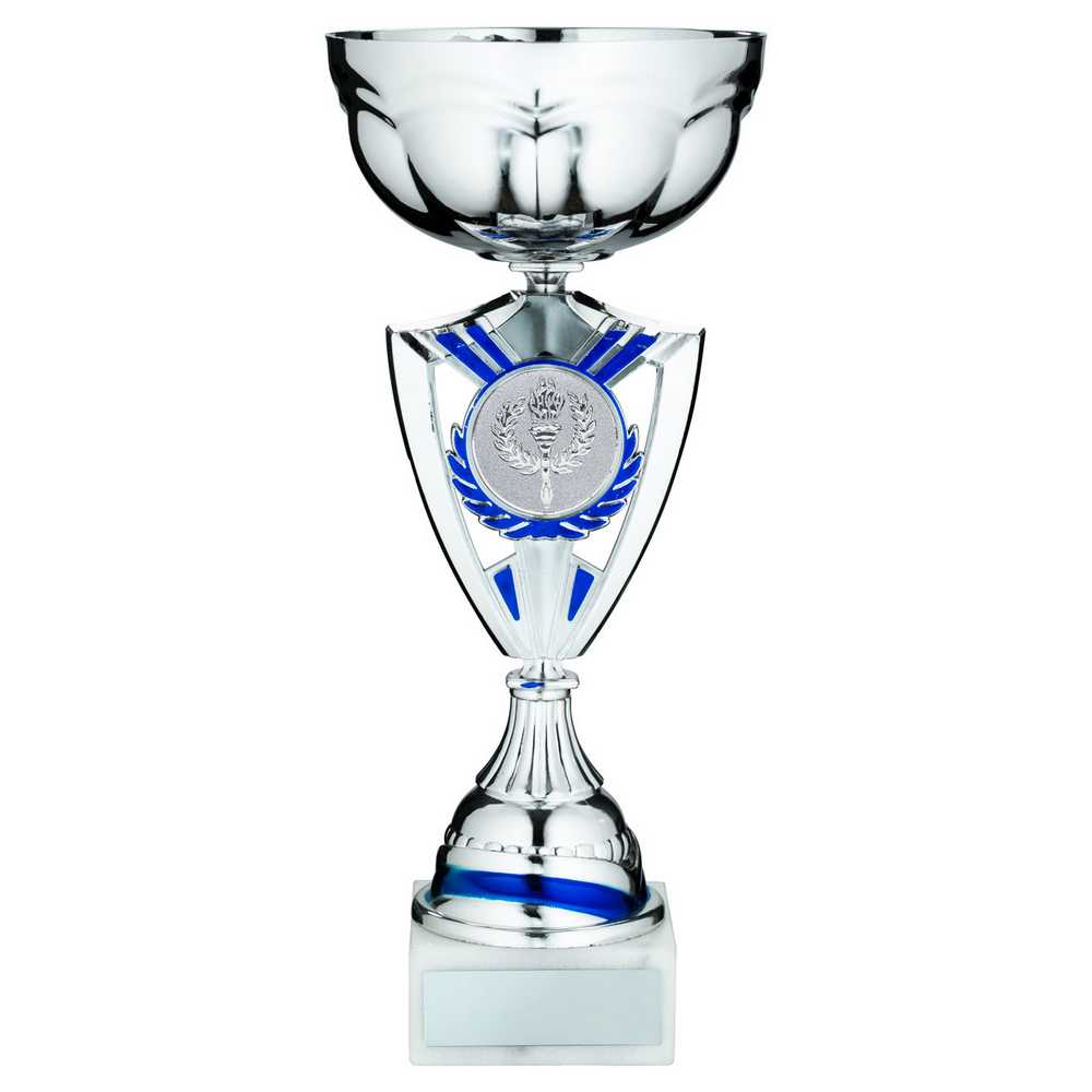 SILVER/BLUE SHIELD TROPHY CUP WITH PLATE (2in CENTRE) - 14.25in