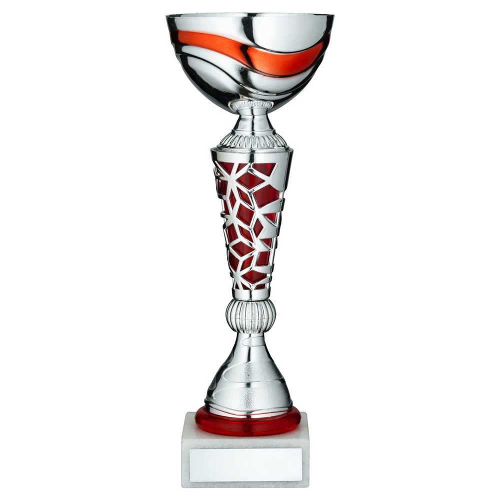 SILVER/RED TROPHY CUP WITH PLATE - 11in