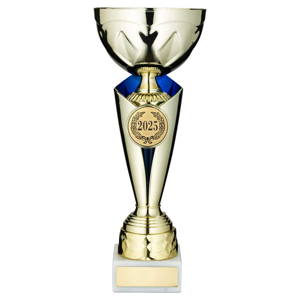 GOLD/BLUE TROPHY CUP WITH PLATE (2in CENTRE) - 13.5in