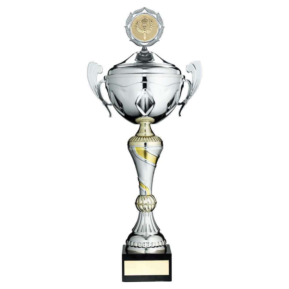 SILVER/GOLD TROPHY CUP WITH HANDLES, LID AND PLATE (2in CENTRE) - 14in